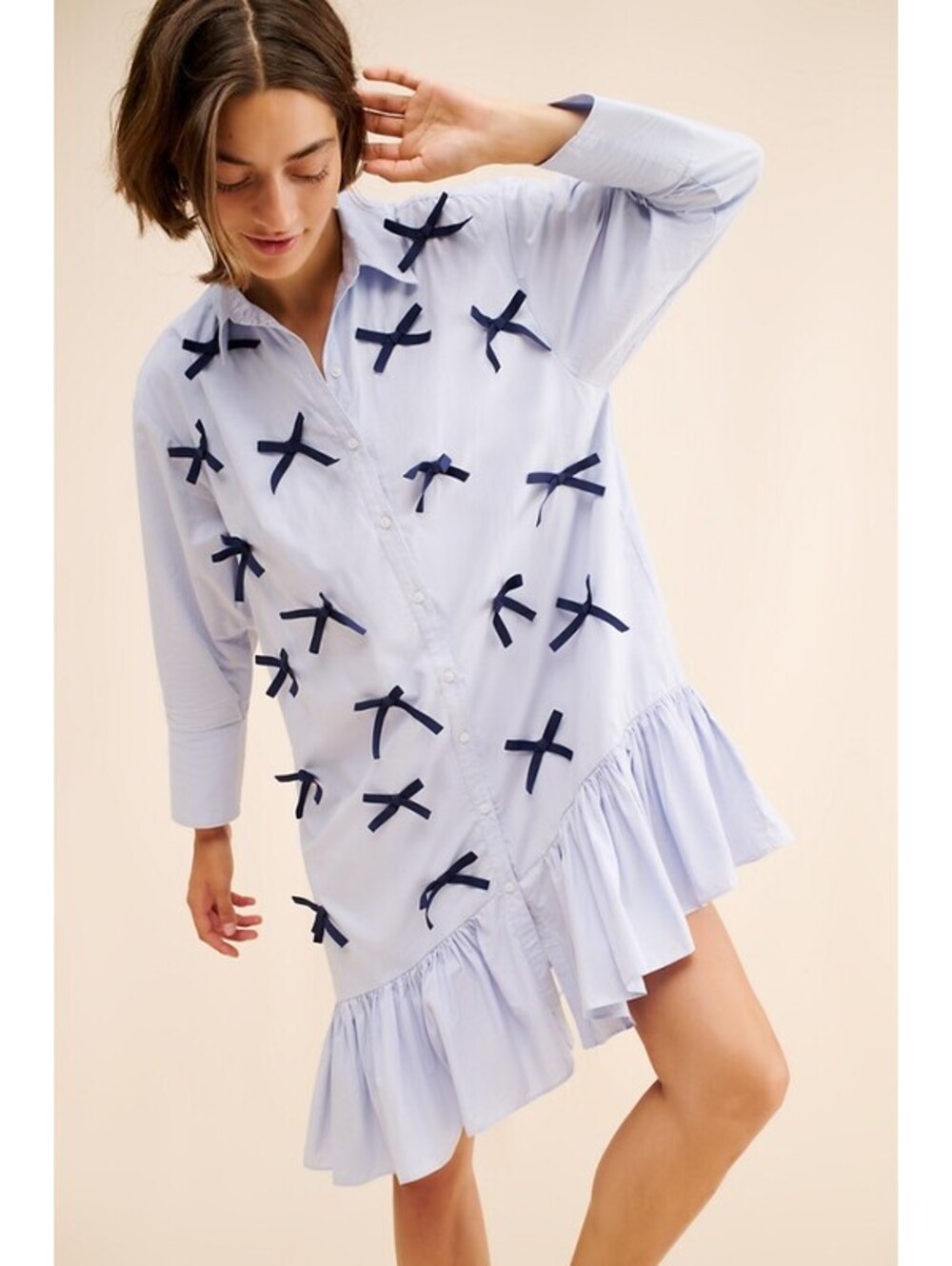 Anthropologie x Maeve - Light Blue Shirt Dress with Navy Velvet Bows, Size XS